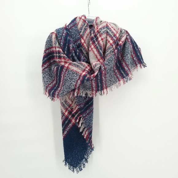 Fluffy Square Navy/Red/Beige Fringed Scarf Wrap - Picture 2 of 4